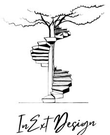 Escalier en colimaçon enlacé à un arbre, s'élevant vers le sommet. Logo « InExt Design ».