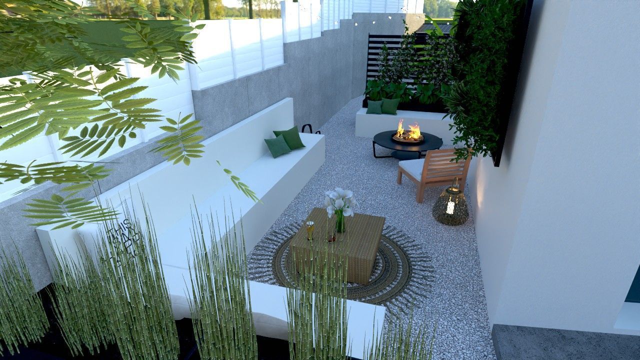 Terrasse extérieure moderne avec sièges, foyer et verdure. Murs blancs et sol en galets.