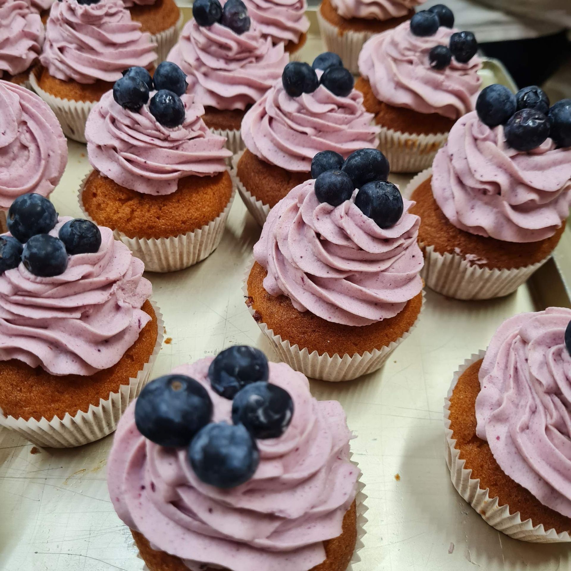 Cupcakes mit lila-wirbelförmigem Zuckerguss und Blaubeeren auf einem Tablett.
