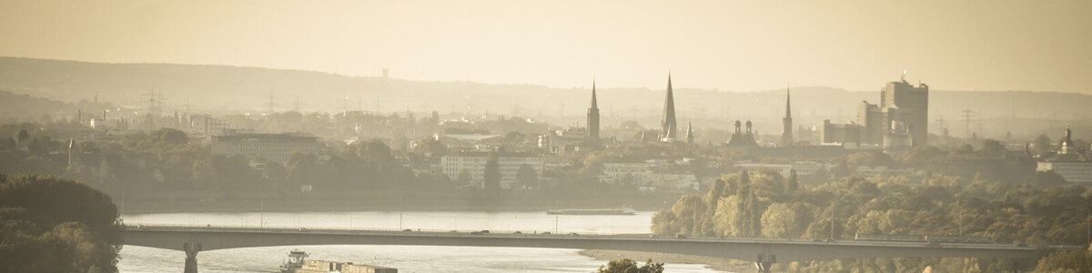 Ein verschwommenes Bild einer Stadtskyline mit einer Brücke im Vordergrund und einem Fluss im Hintergrund.