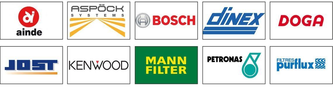 Un montón de logotipos, incluidos Bosch Dinex y Mann Filter.