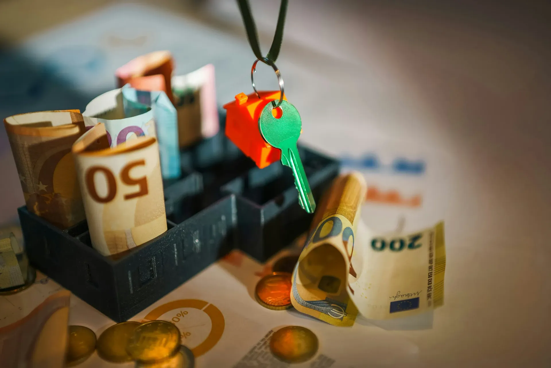 Billetes de euro enrollados en un contenedor negro con monedas, una llave y un silbato.