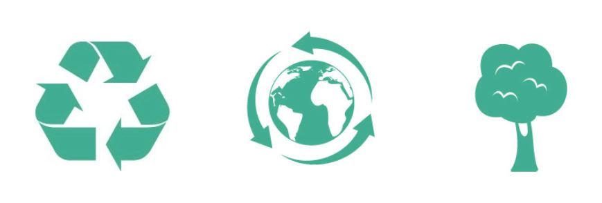 Umweltsymbole: Recyclingsymbol, Globus mit Pfeilen und ein Baum.