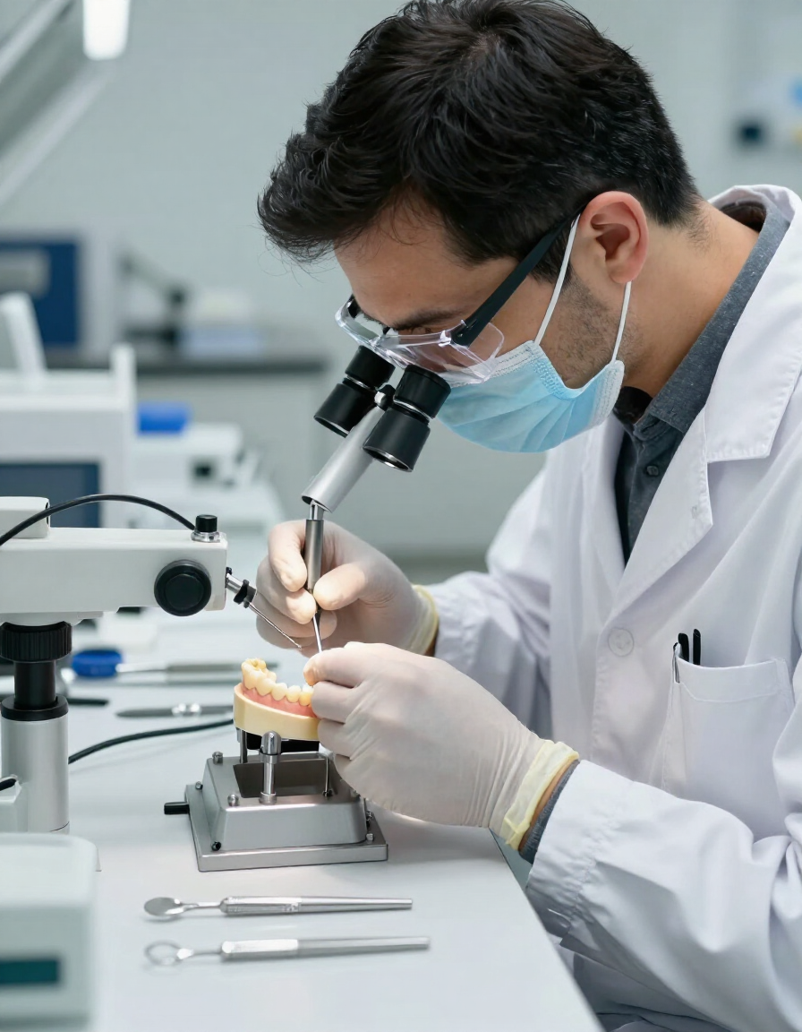 Científico con bata y mascarilla usando un microscopio en un laboratorio