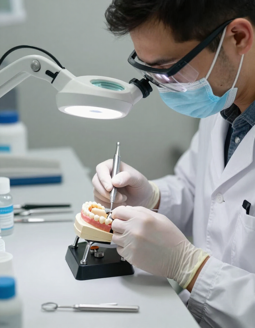 Dentista con bata blanca y mascarilla examinando un modelo dental bajo una lámpara brillante en una clínica