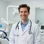 Médico sonriente con bata blanca y estetoscopio en una clínica dental