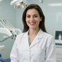 Dentista sonriente con bata blanca en una clínica dental moderna