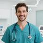 Profesional sanitario sonriente con uniforme médico verde azulado y un estetoscopio en una clínica luminosa