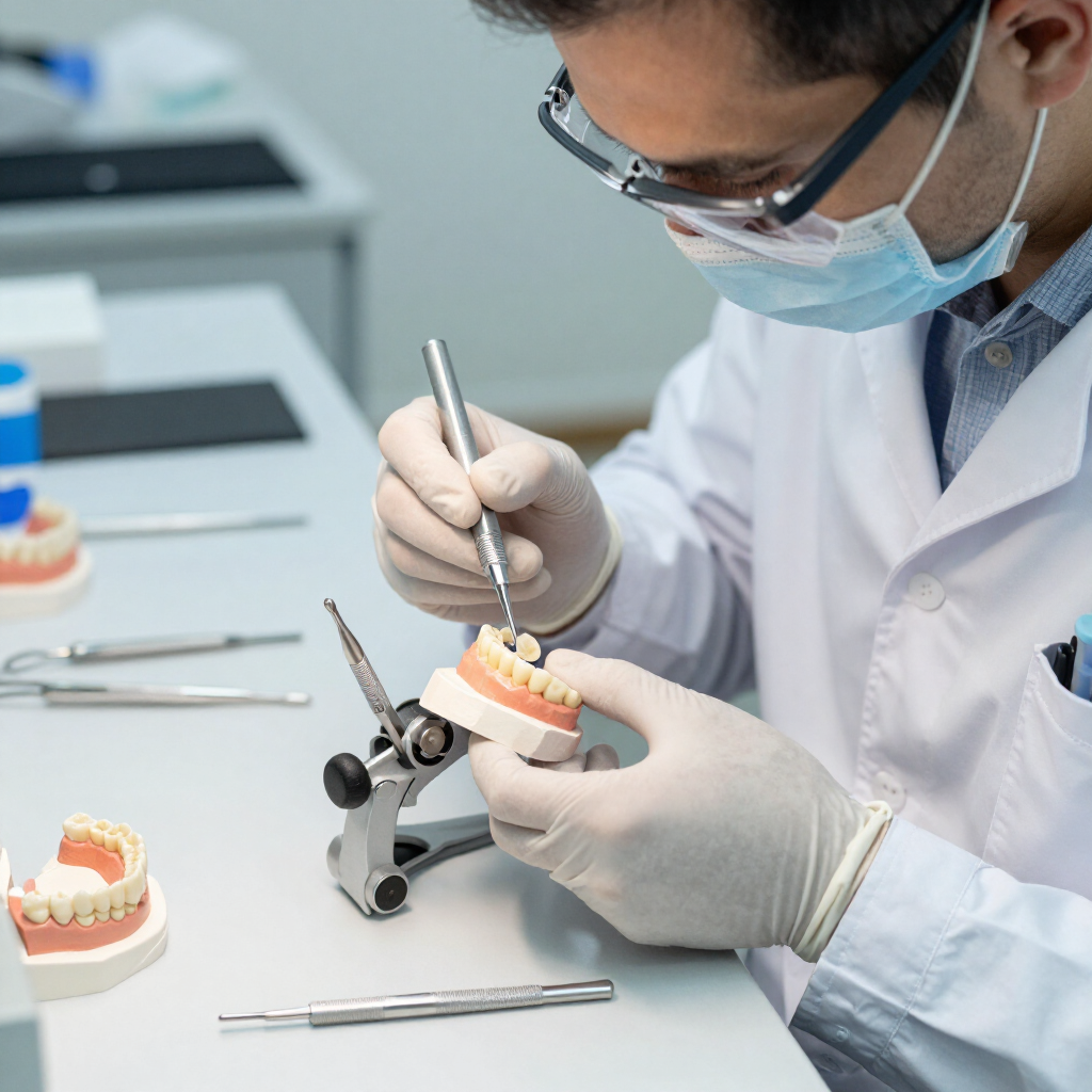 Dentista ajustando un modelo dental con herramientas en una consulta clínica
