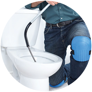 Un plombier débouche des toilettes avec un furet, portant des genouillères bleues.