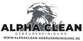 Logo für ALPHA CLEAN GEBÄUDEREINIGUNG mit einer Adlerillustration über dem Firmennamen und der Website-URL.