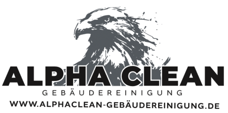 Logo für ALPHA CLEAN GEBÄUDEREINIGUNG mit einer Adlerillustration über dem Firmennamen und der Website-URL.