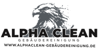 Logo für ALPHA CLEAN GEBÄUDEREINIGUNG mit einer Adlerillustration über dem Firmennamen und der Website-URL.