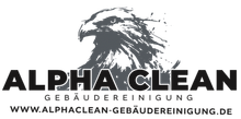 Logo für ALPHA CLEAN GEBÄUDEREINIGUNG mit einer Adlerillustration über dem Firmennamen und der Website-URL.