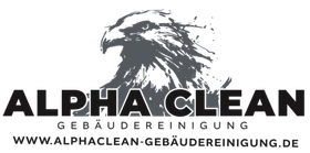 Logo für ALPHA CLEAN GEBÄUDEREINIGUNG mit einer Adlerillustration über dem Firmennamen und der Website-URL.