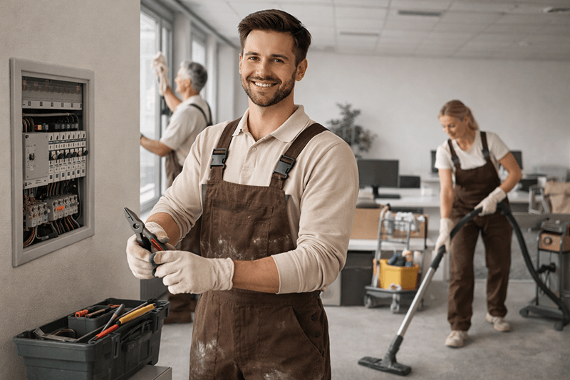 Ein Arbeiter in braunem Overall und Handschuhen hält Werkzeuge in der Nähe eines Schaltschranks, während andere einen Büroraum reinigen.