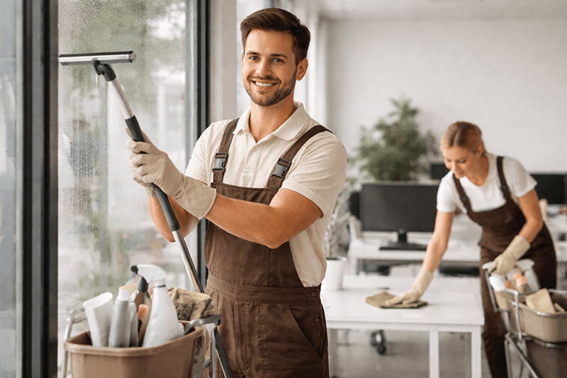 Professionelle Reinigungskräfte in Uniform reinigen ein helles Büro; eine Person putzt ein Fenster, während eine andere einen Schreibtisch abwischt.