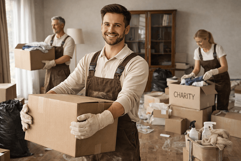 Drei Personen in Arbeitskleidung und Handschuhen packen in einem Haus Kartons; im Vordergrund hält eine lächelnde Person einen Karton in der Hand.