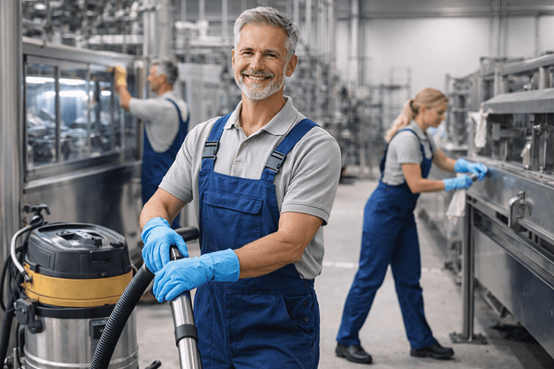 Lächelnde Arbeiter in blauen Overalls und Handschuhen reinigen Industriemaschinen in einer Fabrik.