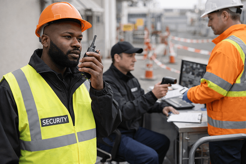 Sicherheitspersonal in Warnwesten und Schutzhelmen arbeitet an einem Kontrollpunkt auf einer Baustelle im Freien.