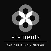 Schwarzes Logo mit vier grauen Kreisen um ein weißes Zentrum, darunter der Text „elements“ und „BAD / HEIZUNG / ENERGIE“.