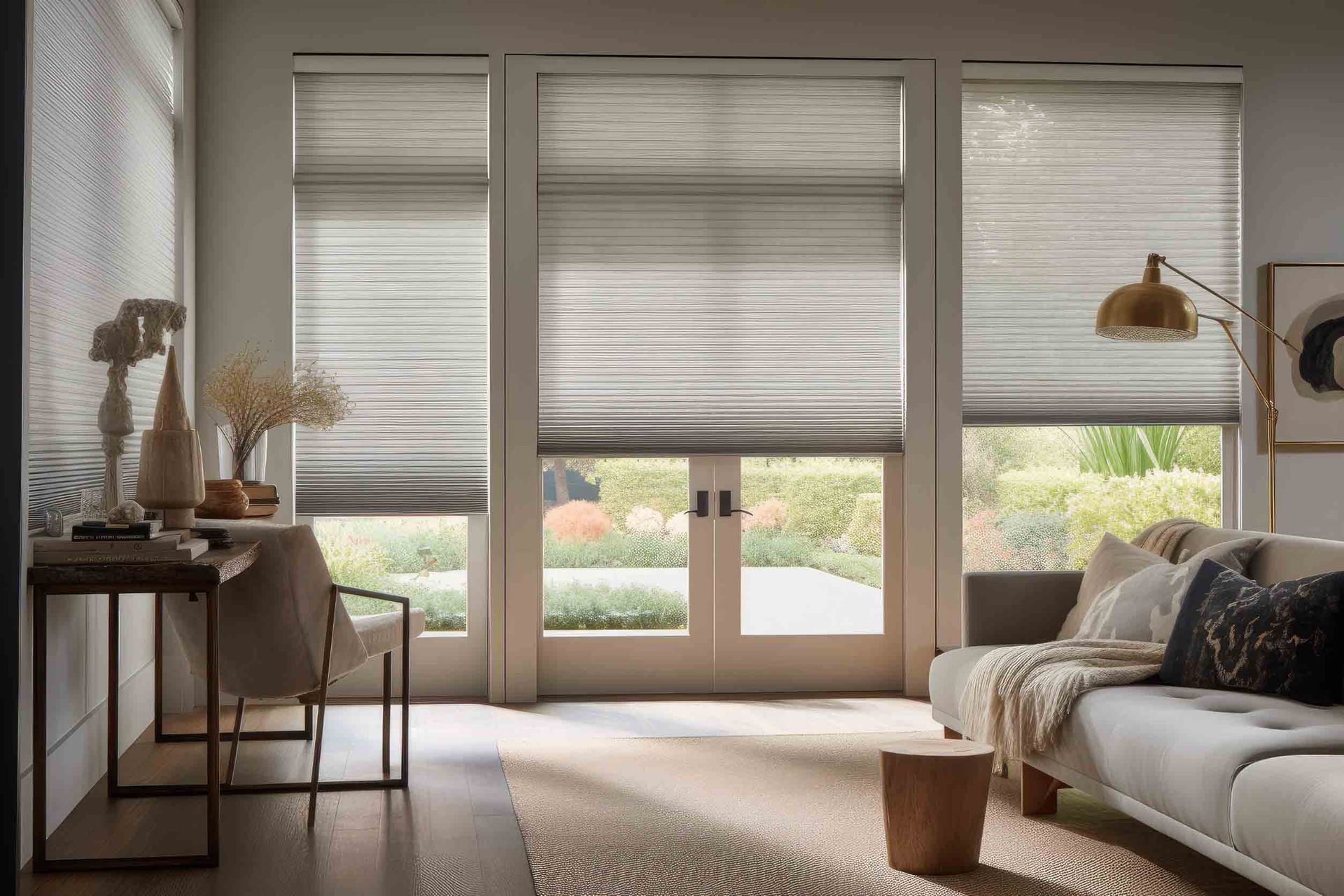 Una sala de estar con sofá, escritorio, silla y puertas corredizas de vidrio.