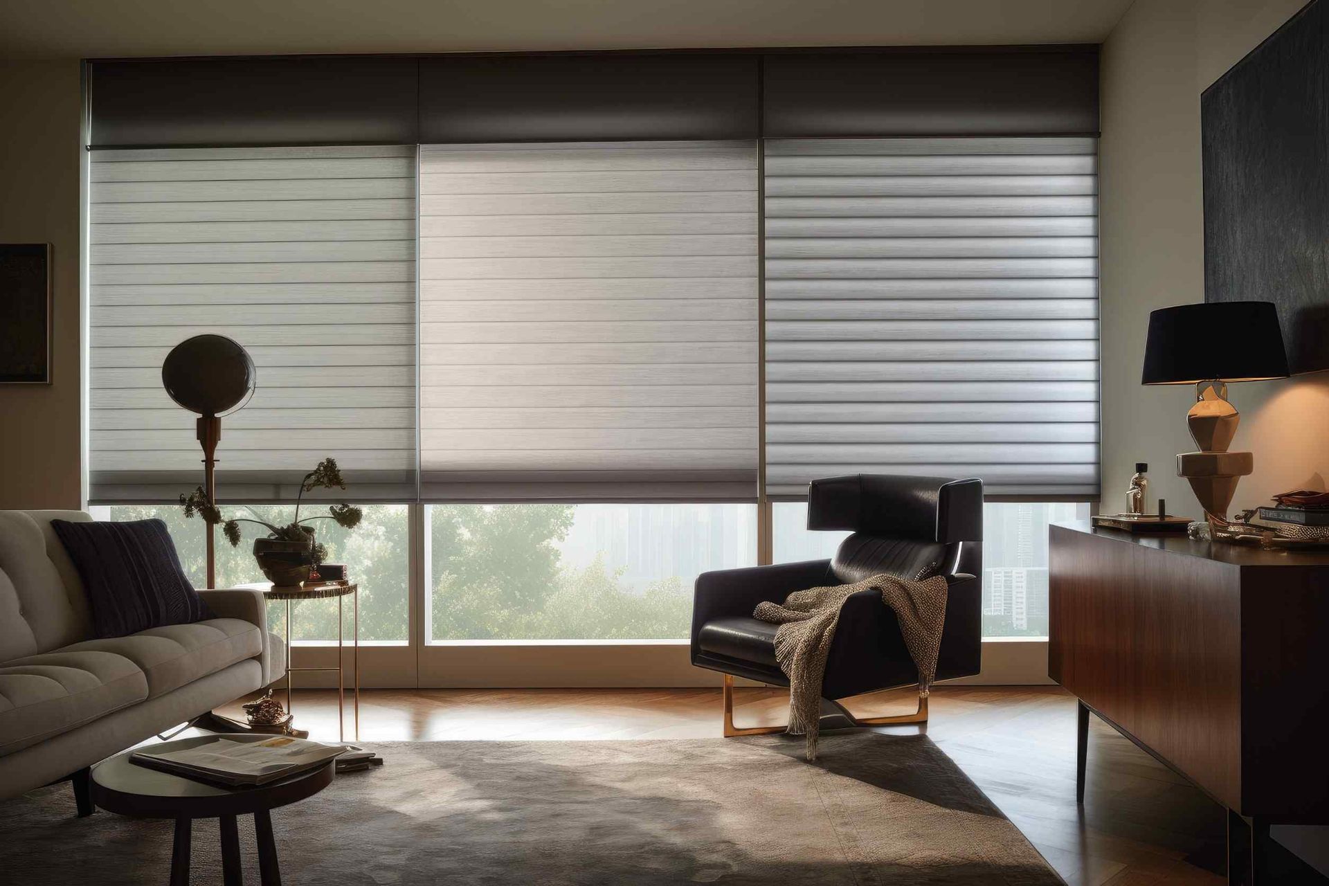 Una sala de estar con sofá, silla, mesa y lámparas.