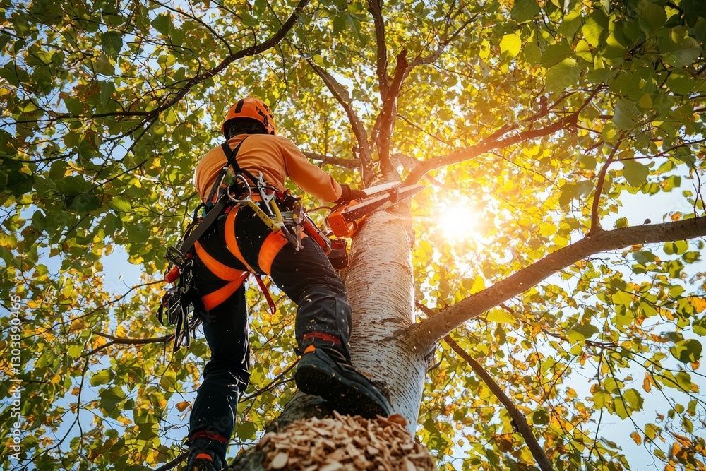 Arboriste avec une tronçonneuse coupant une branche d'arbre, portant un équipement de sécurité, rétroéclairé par la lumière du soleil.