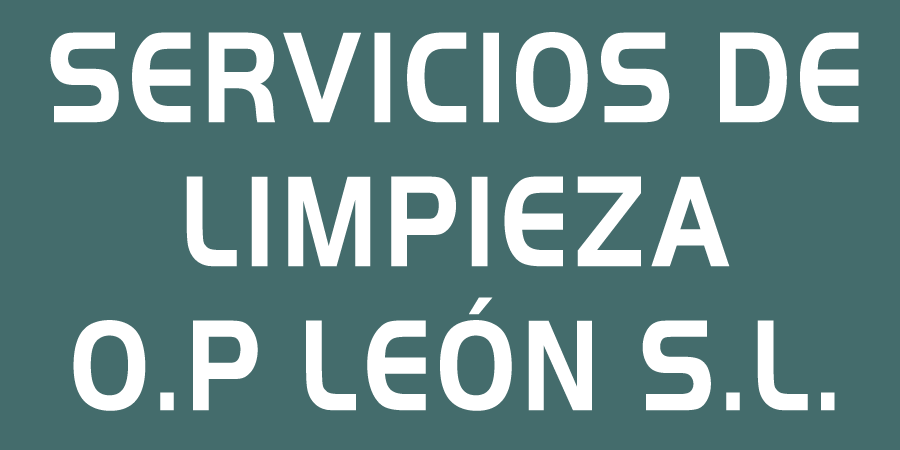 White text on a teal background: "SERVICIOS DE LIMPIEZA O.P LEÓN S.L." (Cleaning services).