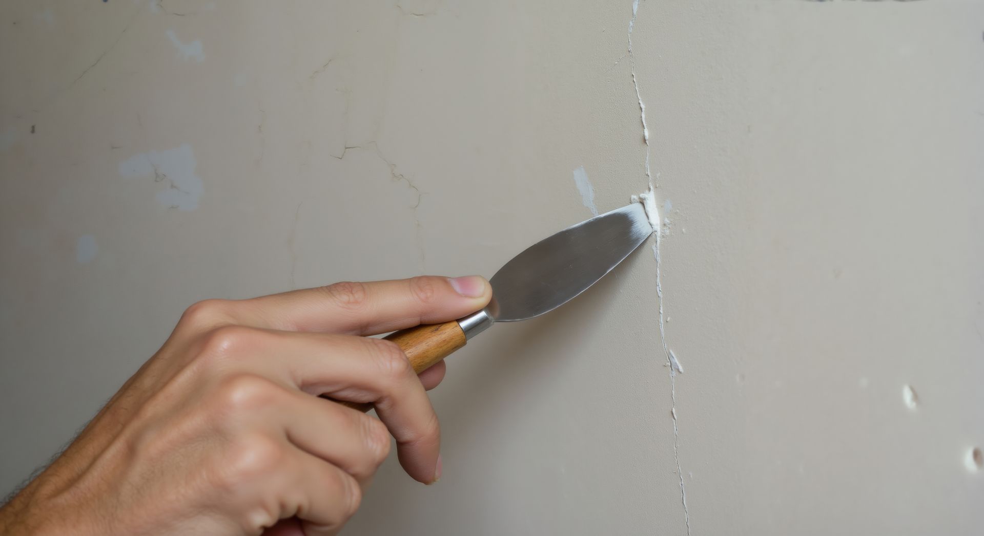 Main tenant une spatule pour boucher des petits trous dans un mur