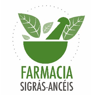 Un logotipo para una farmacia con un mortero y hojas.