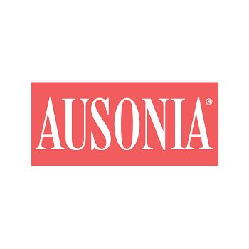 Un logotipo rojo y blanco para Ausonia sobre un fondo blanco.