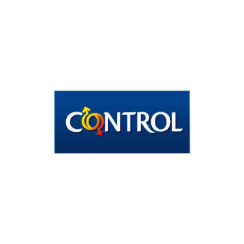 Un logotipo de control azul y amarillo sobre un fondo blanco.