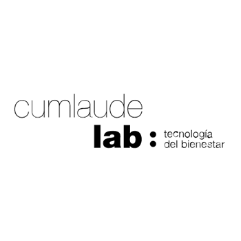 El logo de cumlaude lab es en blanco y negro y dice tecnologia del bienestar.