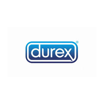 El logotipo de Durex es azul y blanco sobre un fondo blanco.