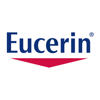 El logotipo de Eucerin es azul y rojo con una flecha roja.