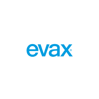 Un logotipo de Evax azul sobre un fondo blanco.