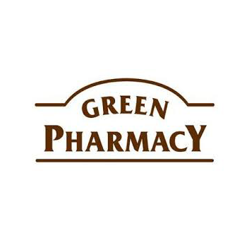 Un logotipo para una farmacia verde sobre un fondo blanco.