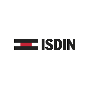 El logotipo de Isdin es negro y rojo sobre un fondo blanco.