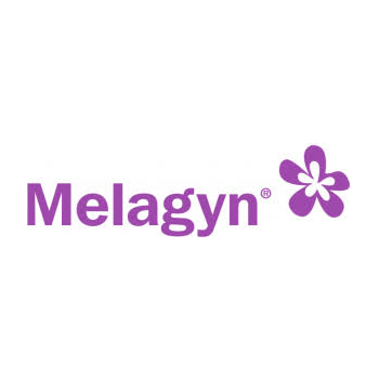 El logo de melagyn tiene una flor violeta.