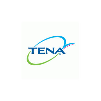 Un logotipo azul y verde de Tena sobre un fondo blanco.