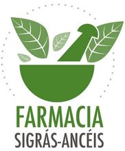 Un logotipo para una farmacia con un mortero y hojas.