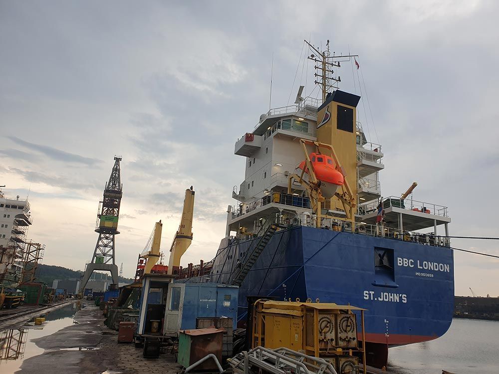 Ein großes blaues Schiff liegt in einem Hafen.