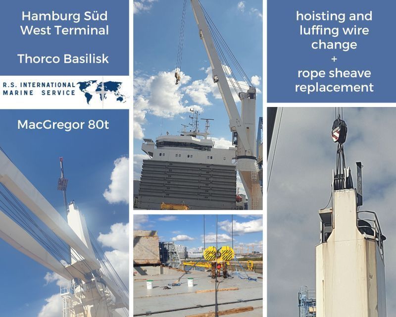 Eine Collage aus Bildern eines Krans mit den Worten Heben und Wippfunktion Drahtwechsel Seilscheibenwechsel