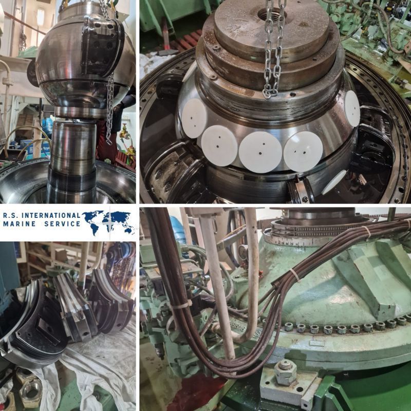 Eine Collage aus Bildern einer Maschine mit den Worten RS International Marine Service auf der Unterseite