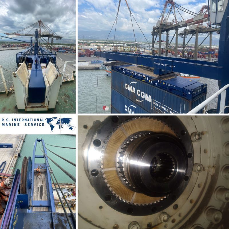 Eine Collage aus Bildern zeigt einen Behälter mit der Aufschrift „cma cgm“