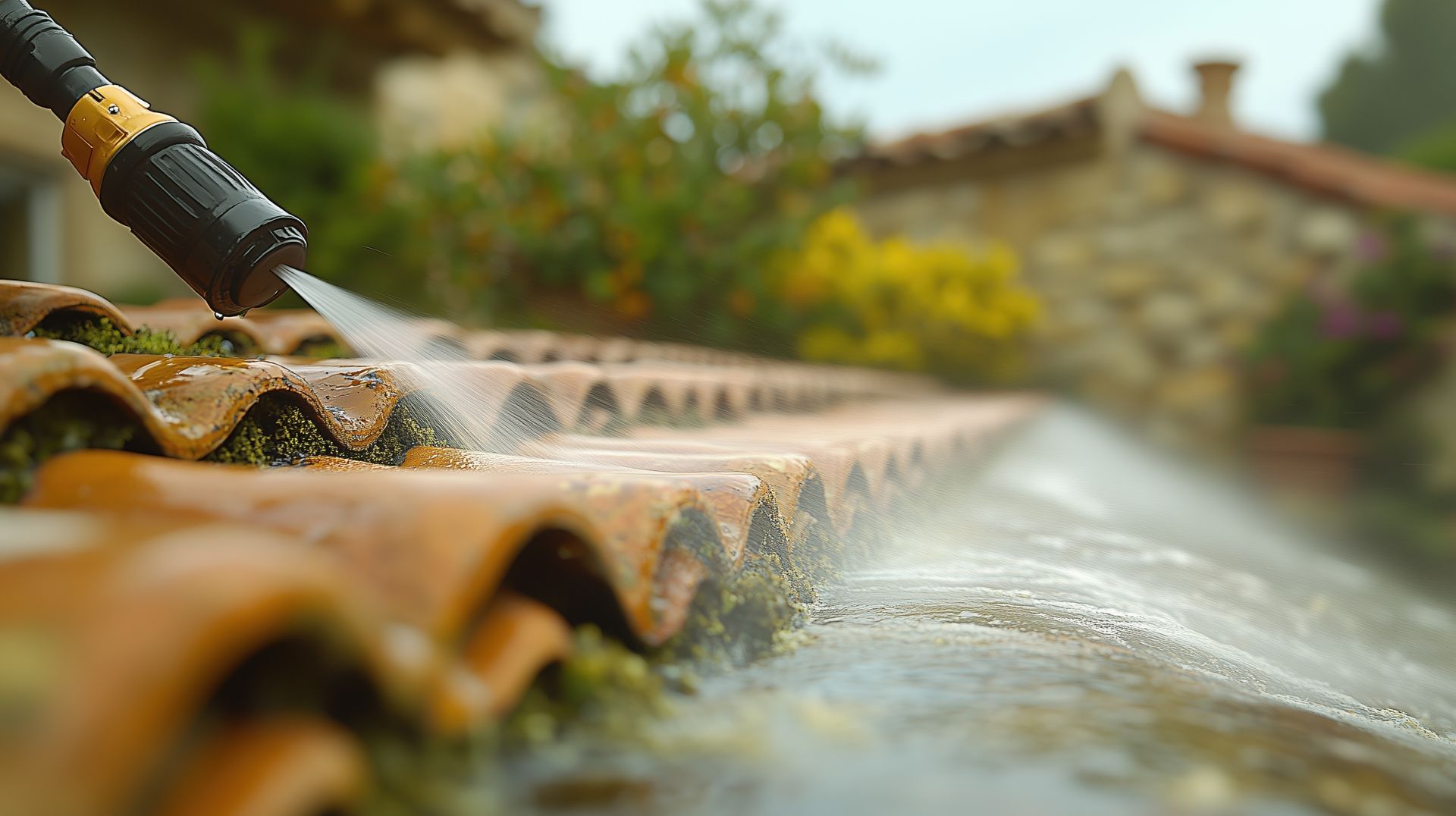 Démoussage de toit avec de l'eau