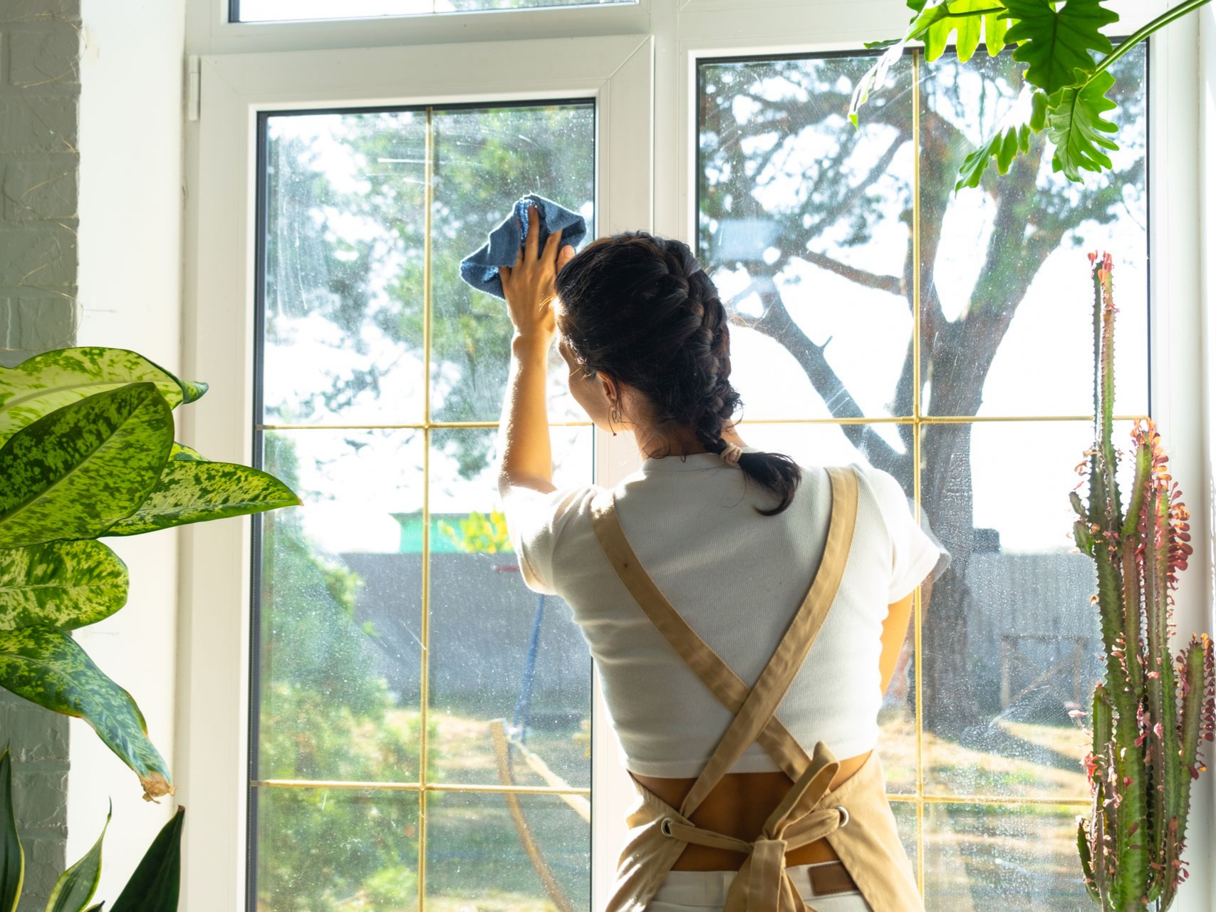 Dans une pièce remplie de plantes, une personne porte un tablier tout en nettoyant une vitre.