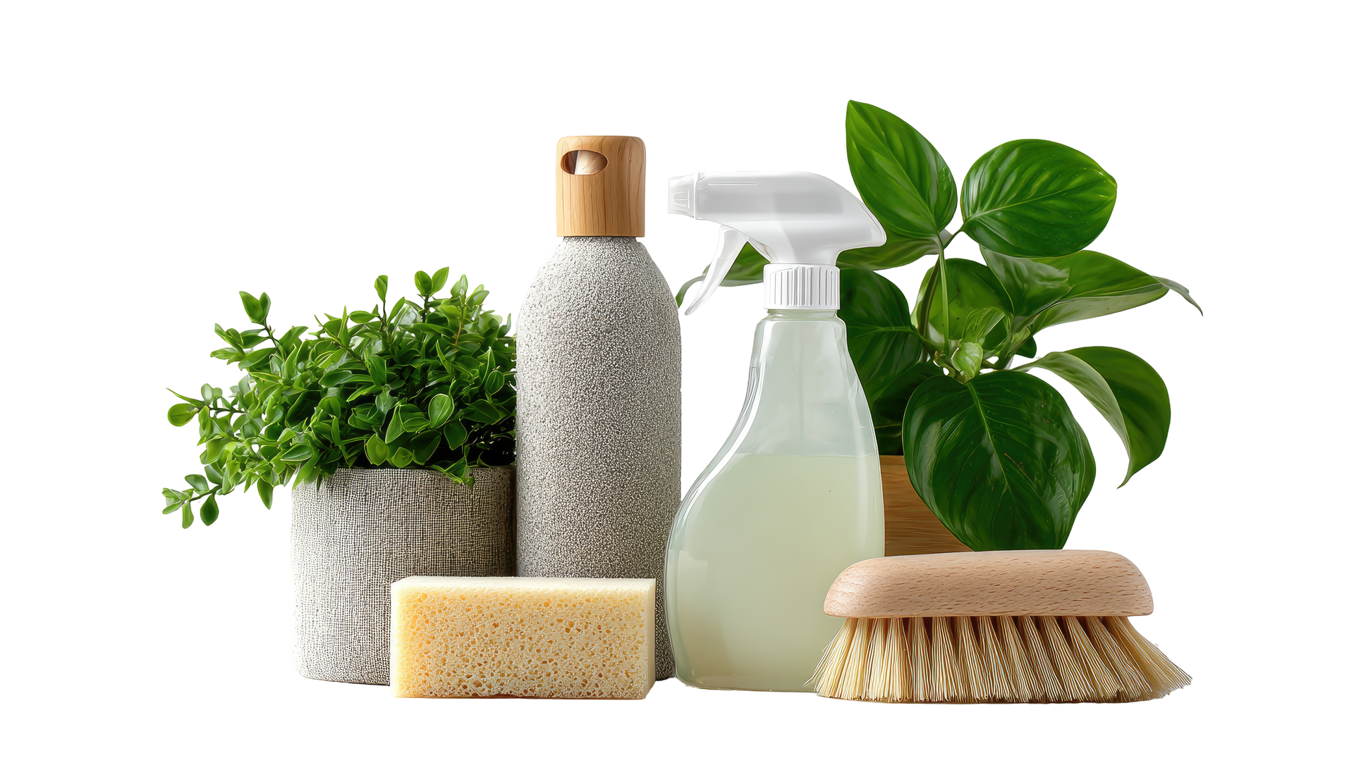 Produits de nettoyage, notamment un vaporisateur, une éponge, une brosse à récurer et des plantes en pot, sur fond blanc.
