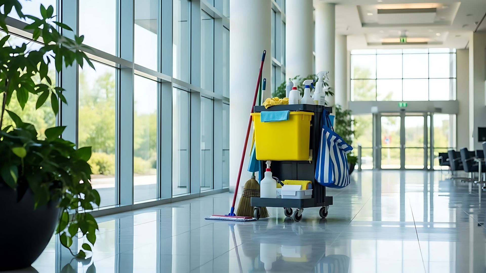 Dans le hall d'un bureau moderne et lumineux, un chariot de nettoyage avec une poubelle jaune et des produits d'entretien.